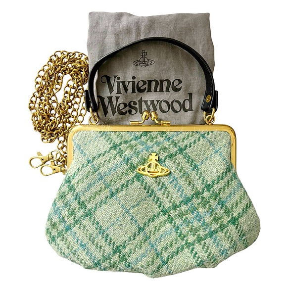 ❌SOLD❌Vivienne Westwood Framed Elena Green Tartan Wool Plaid Bag RARE - Picture 3 of 9